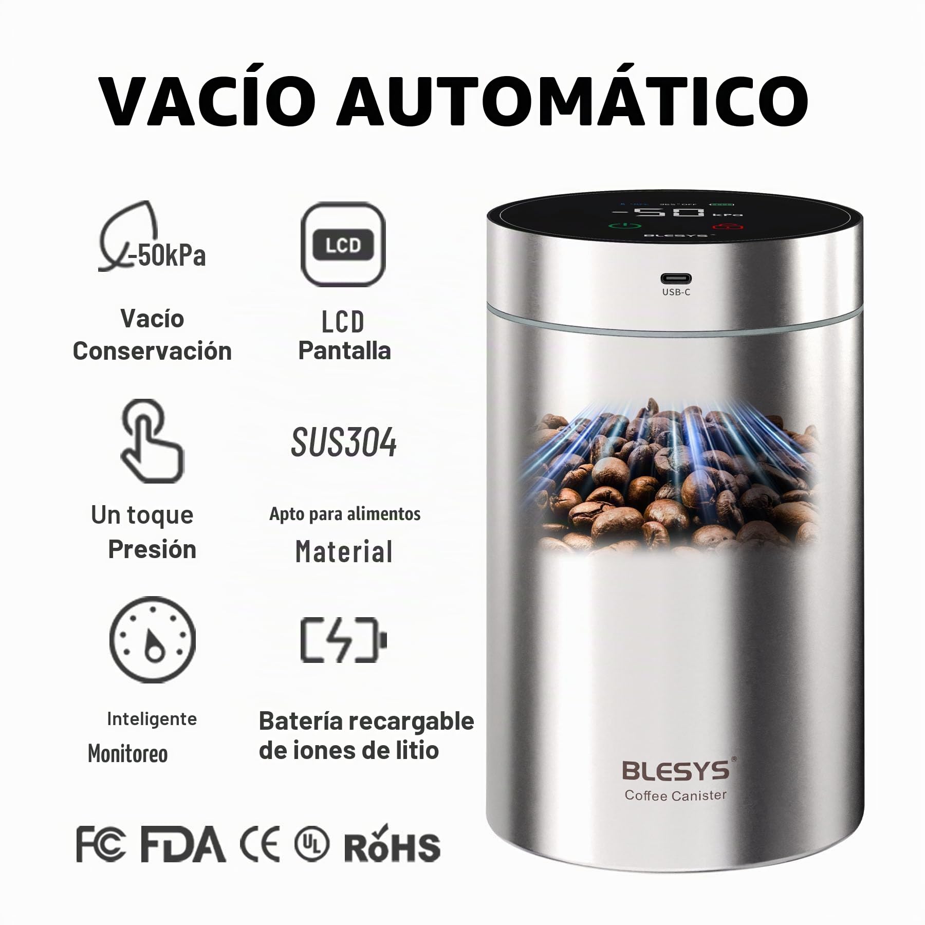 BLESYS Recipiente inteligente para café al vacío, Recipiente automático de acero inoxidable hermético con pantalla LCD, función de frescura con un solo toque, indicador de fecha (1.8L, plata)