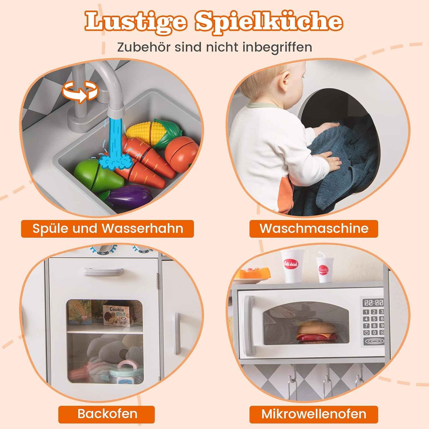 FANTASK Kuchnia dziecięca z drewna dla dzieci od 3 lat, kuchnia drewniana z oświetleniem i dźwiękiem, kuchnia do zabawy z kuchenką, pralką, piekarnikiem, kuchenką mikrofalową, akcesoria kuchenne
