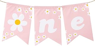 ANGOLIO Daisy Themed 1st Birthday Burlap Banner Decoration,Wall Hanging Daisy Themed Banner Decor With Pink Pattern Baby Shower Hanging Banner Sign Decor Theme Party Indoor Decorations