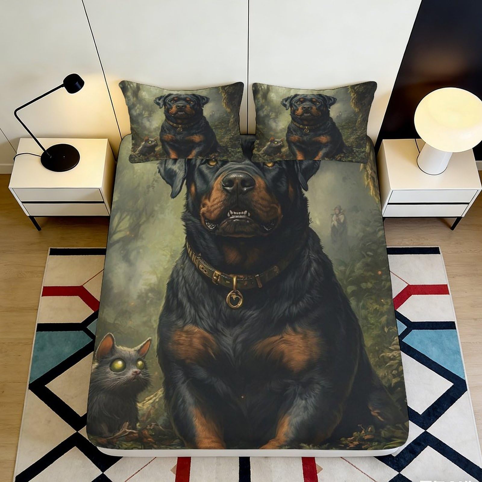 3D Printed Rottweiler Dog Fitted Sheet Microfiber Animal Art Mattress Cover for Bedroom Dorm Decorative Bed Protection 90x200x25cm