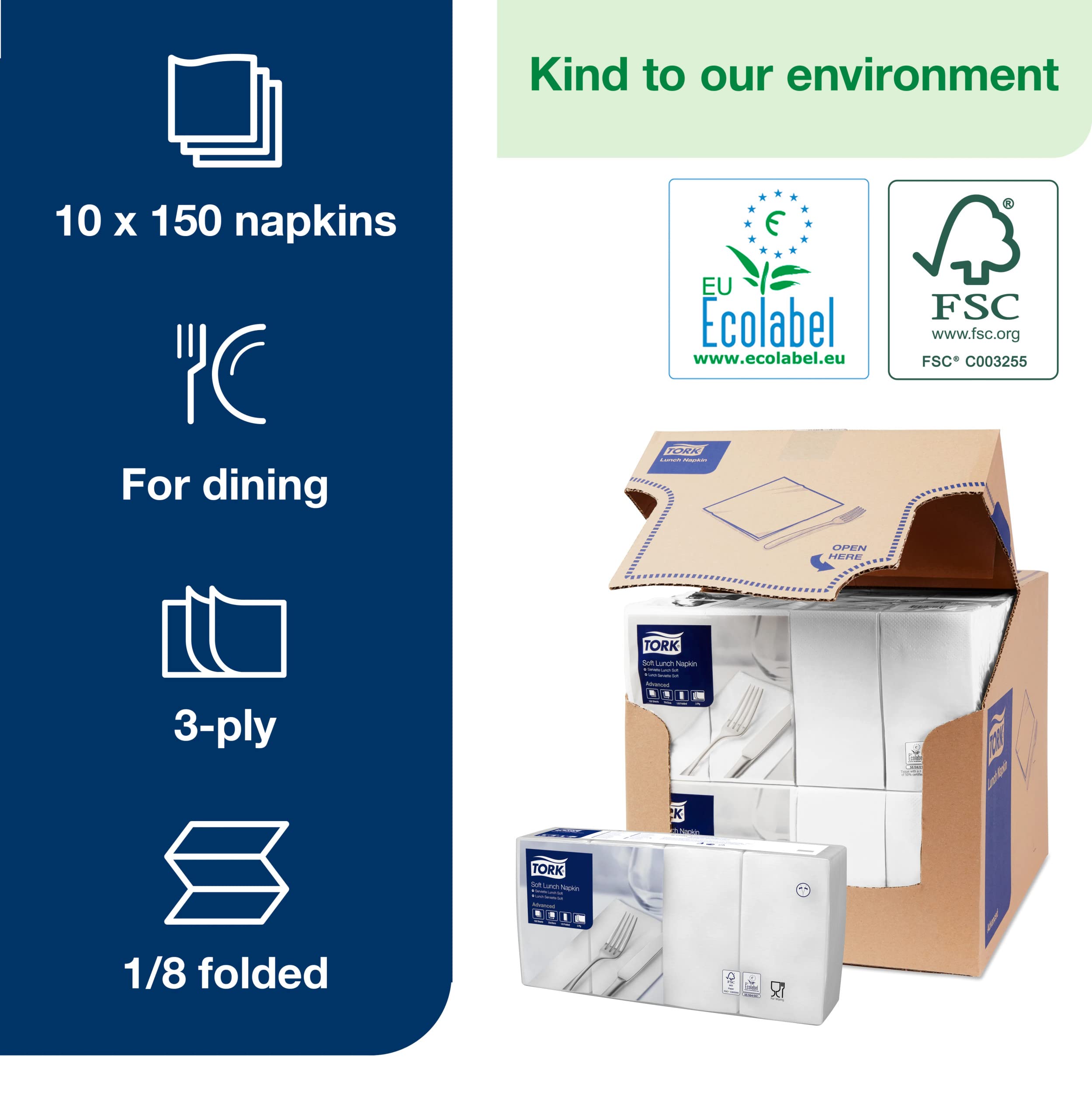Tork 477416 Soft Lunch/Servilletas para almuerzo de tres capas/plegado americano 1/8 / color blanco / 10 paquetes x 150 unidades (1500 servilletas) / 33 x 32,6 cm/Advanced