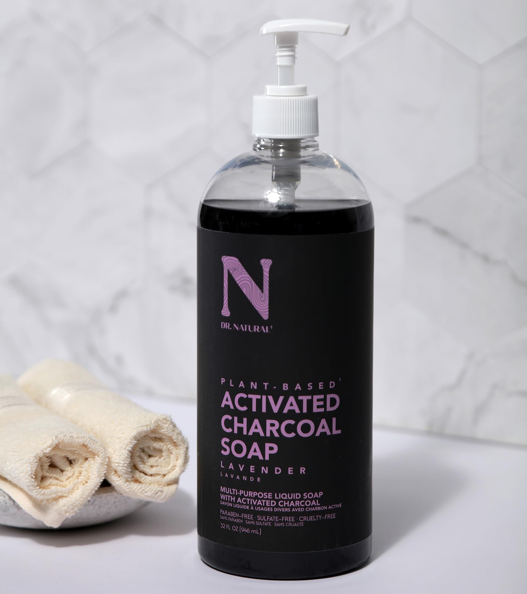 Dr. Natural Jabón líquido de carbón activado, antiacné y manchas, lavado corporal de limpieza profunda, jabón corporal suave para piel clara, lavanda, 946 ml