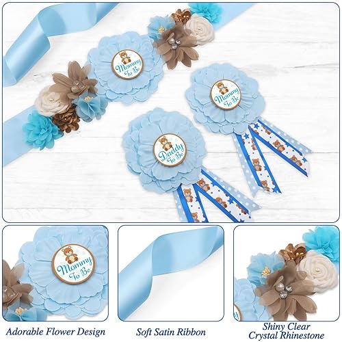 Miniatura 3 de Vansolinne Oso de peluche azul para maternidad, banda para mamá para ser y papá para ser ramillete, juego de alfileres para oso baby shower,