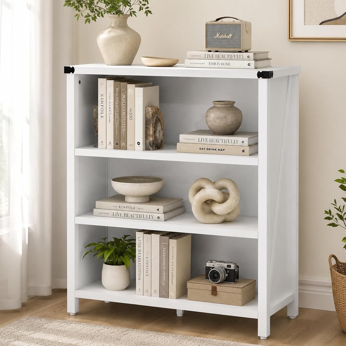 White Bookshelf, 3-Tier Small Wood Bookcase, Adjustable Shelves | Wooden Floor Low Book Cases/Shelves, with Open Storage, for Living Room Home Office School Bedroom Kids, Decor Display Shelf