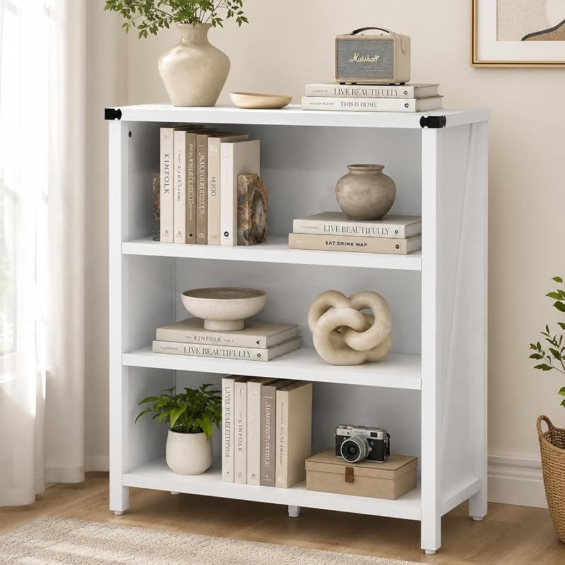 White Bookshelf, 3-Tier Small Wood Bookcase, Adjustable Shelves | Wooden Floor Low Book Cases/Shelves, with Open Storage, for Living Room Home Office School Bedroom Kids, Decor Display Shelf
