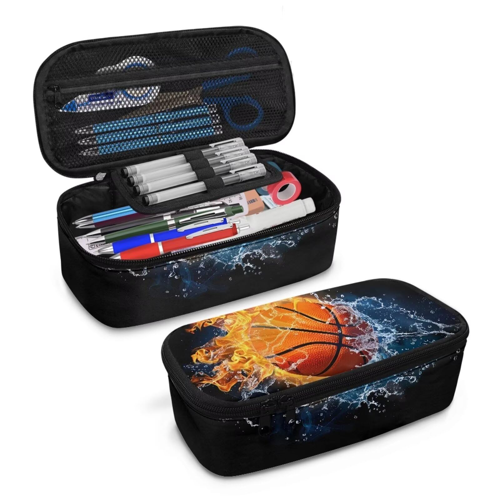 COEQINE Basketball Pencil Box for Boys 10-12 Age Basketball Burning Fire and Water Cool Pencil Case for Boys Middle School Pencil Organizer for Teen Boys