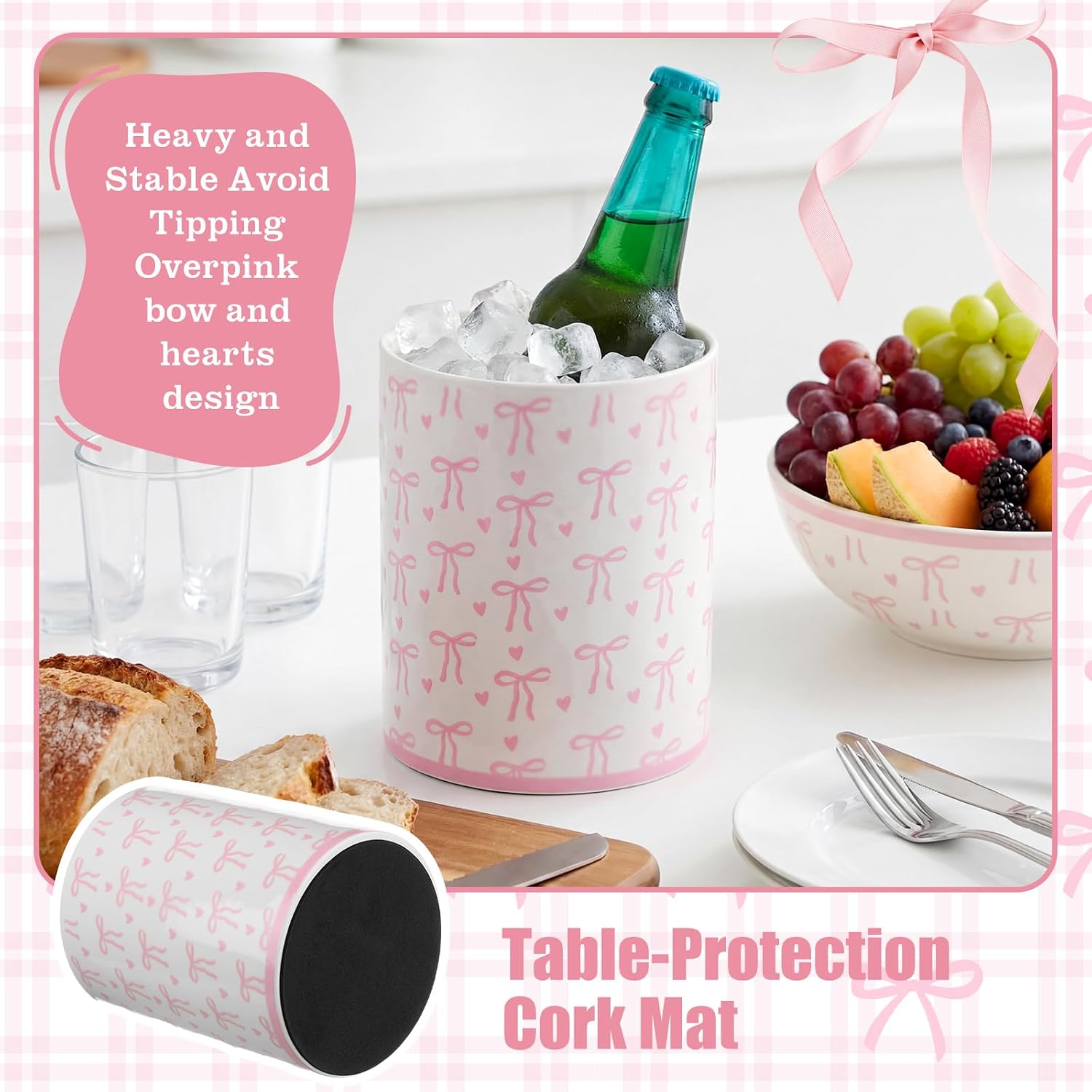LemonRoad Pink Bow Ceramic Utensil Holder Coquette Kitchen Decor Cooking Utensil Crock Countertop Storage Organizer Spoon Container Holder Jar for Kitchen Party Gifts for Women 6.3 Inch