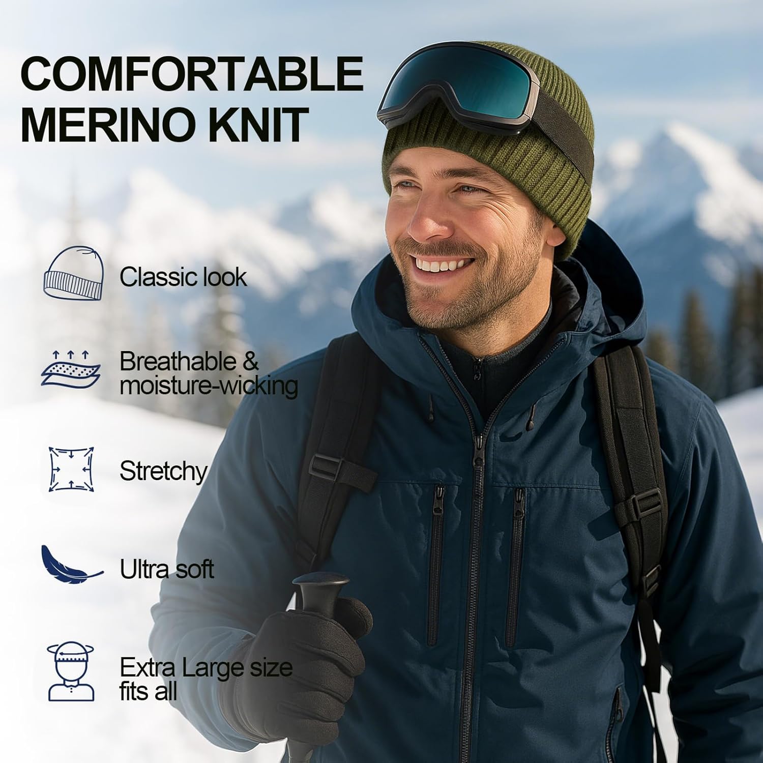 Oversized L/XL/XXL Merino Wool Beanie Hat for Men Big Head Cuffed Watch Cap Warm Soft Knit Winter Hat - Image 2