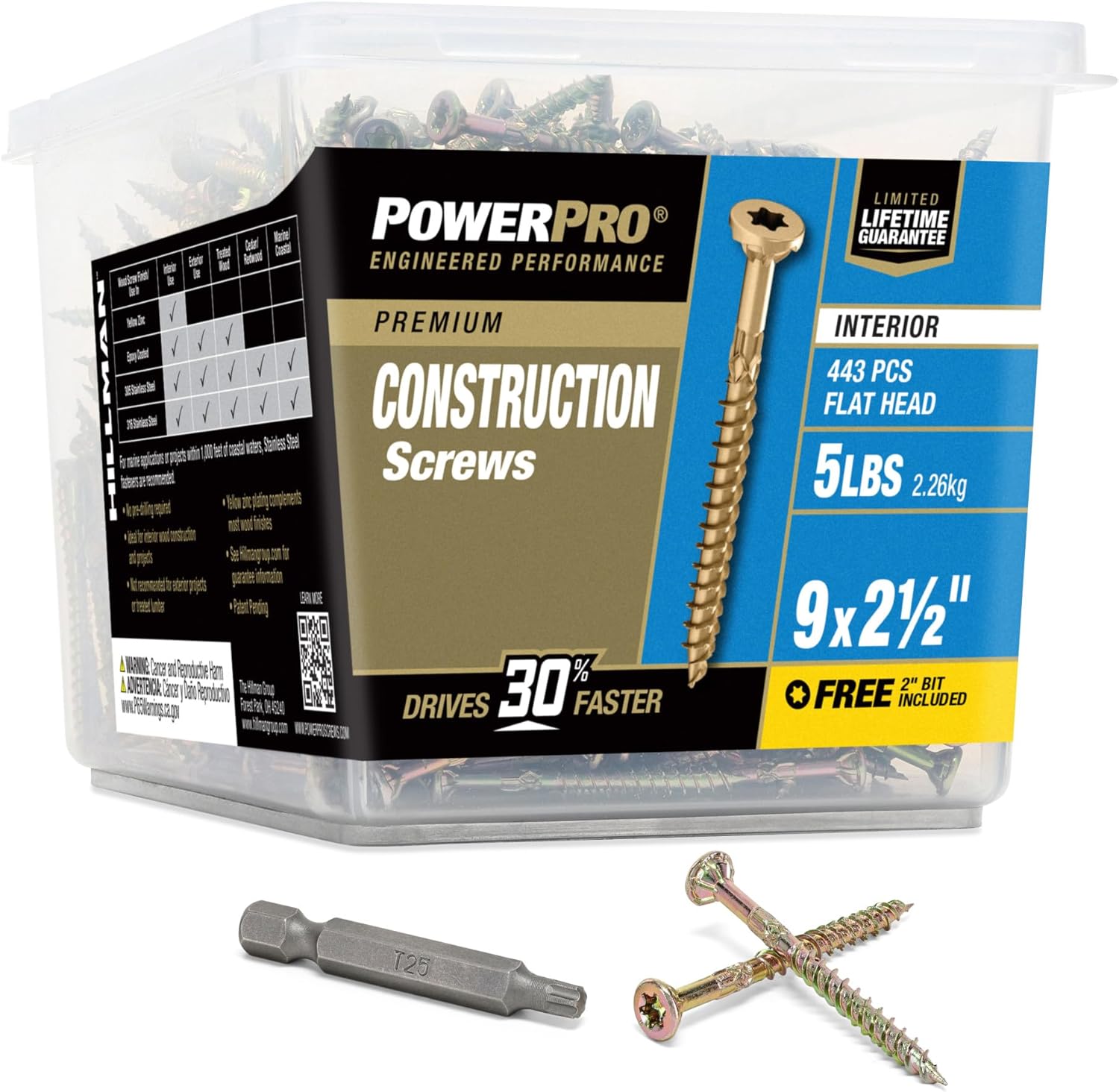 Power Pro 48591 Wood Screws, #9 x 2-1/2, Premium Star Drive Indoor Cabinet Screws, Gold Yellow Zinc, 5lb Tub