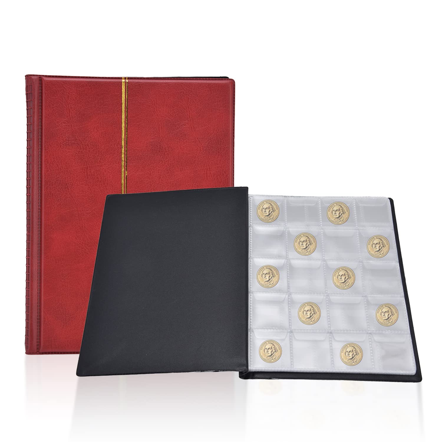 Buachois Red Coin Collection Holder Album 250 Pocket,Coin Collection Organizer Storage Book Case,Coin Collecting Album Supplies For Collectors,Coin Holder Collecting Moneypockets Album (Red)