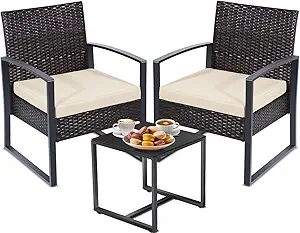 3 Pieces Patio Outdoor Wicker Bistro Furniture Set, Conversation Set, 2 Chairs Plus Table, for Porch, Balcony, Patio, Brown Frame with White Cushion