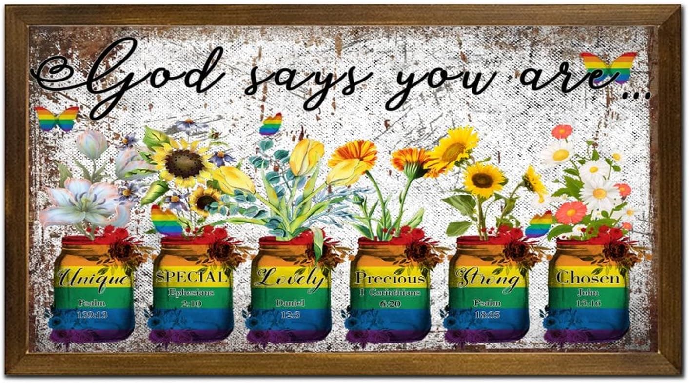 LGBT Religious Inspirational Framed Wooden Sign God Says You are Wood Panels Rustic Progress Pride Wall Art Hanging Farmhouse Decoration Plaque for Queer Gay Lesbian Latino 12x22 in