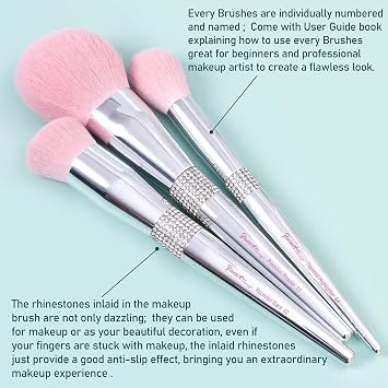 Bueart Design 15pcs Elegant Pink Shiny Labelled Makeup Brushes Sets
