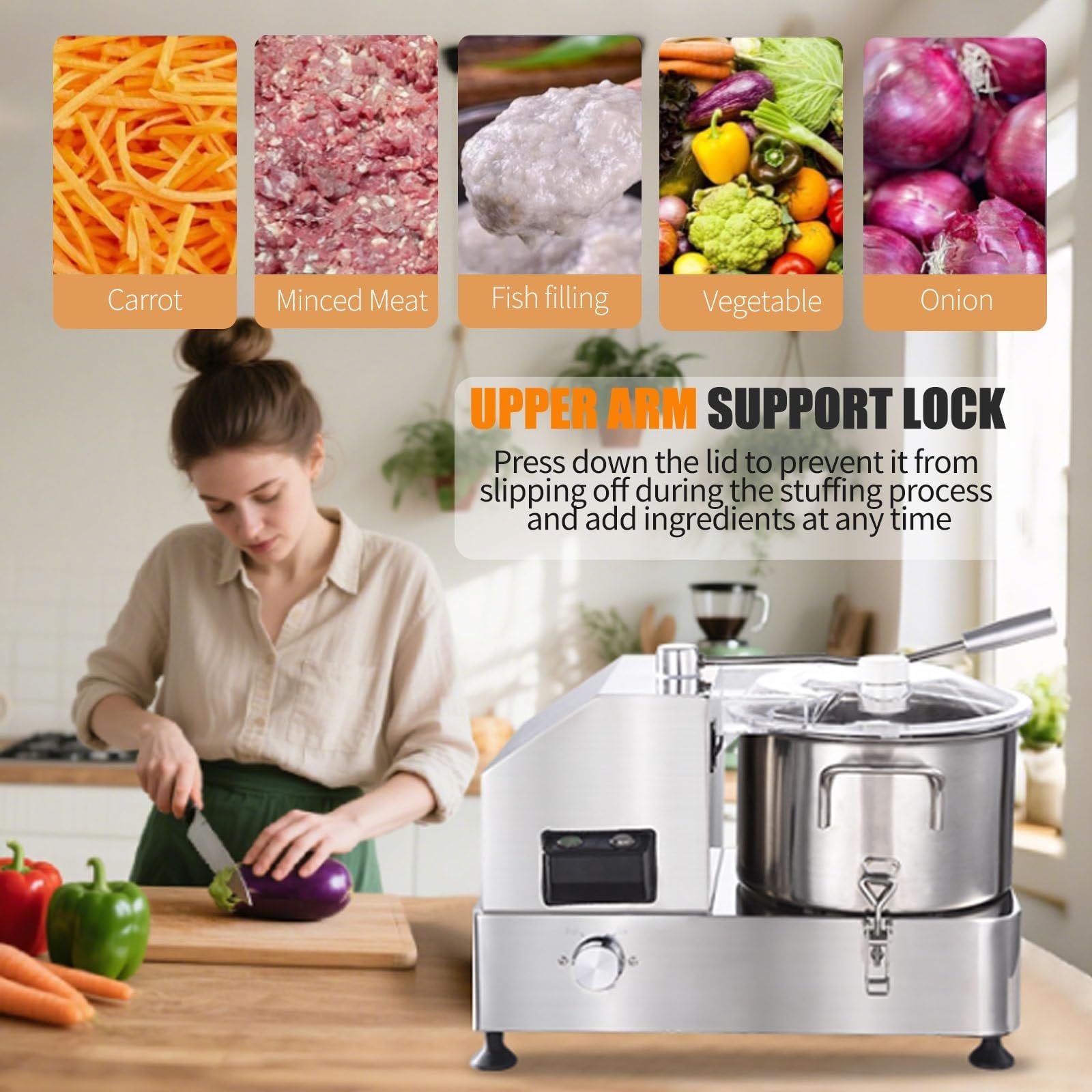 Procesador de Alimentos Comercial, Picadora y Trituradora de Alimentos de Acero Inoxidable de Alta Resistencia con Velocidad Ajustable, Molinillo Eléctrico de Granos y Verduras(6L)