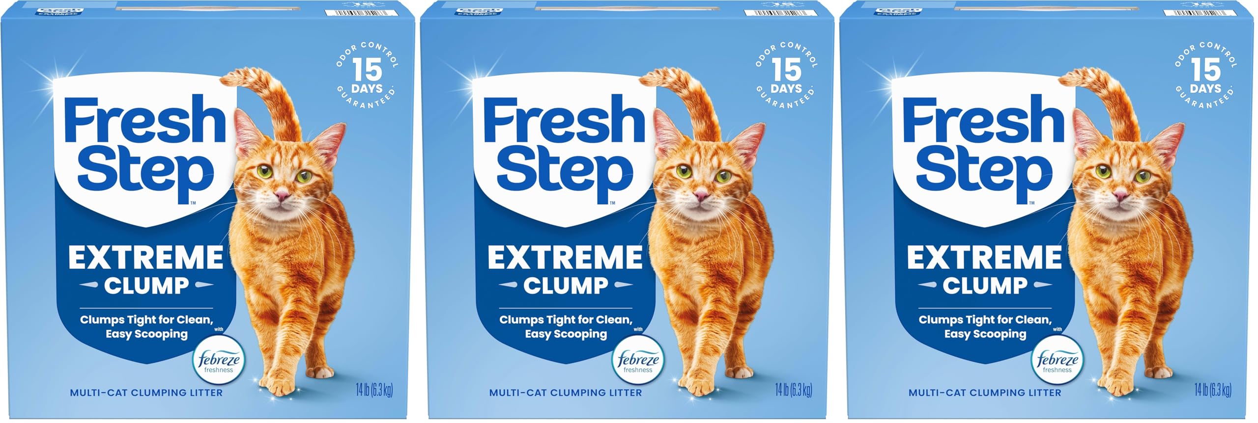 Fresh Step Extreme Clumping Litter with Febreze Freshness, Mountain Spring Scent Clumping Cat Litter with Guaranteed Odor Control, 14 lb. Box (Pack of 3)