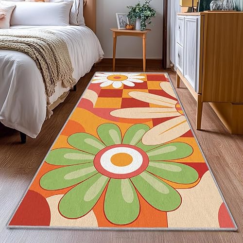 Miniatura 9 de Retro 70s Runner Rug 3x12, Checkered Daisy Floral Orange Yellow Runners for Hallways Non-Slip, Retro 70s Hallway Decor Rug for Bedroom Kitchen