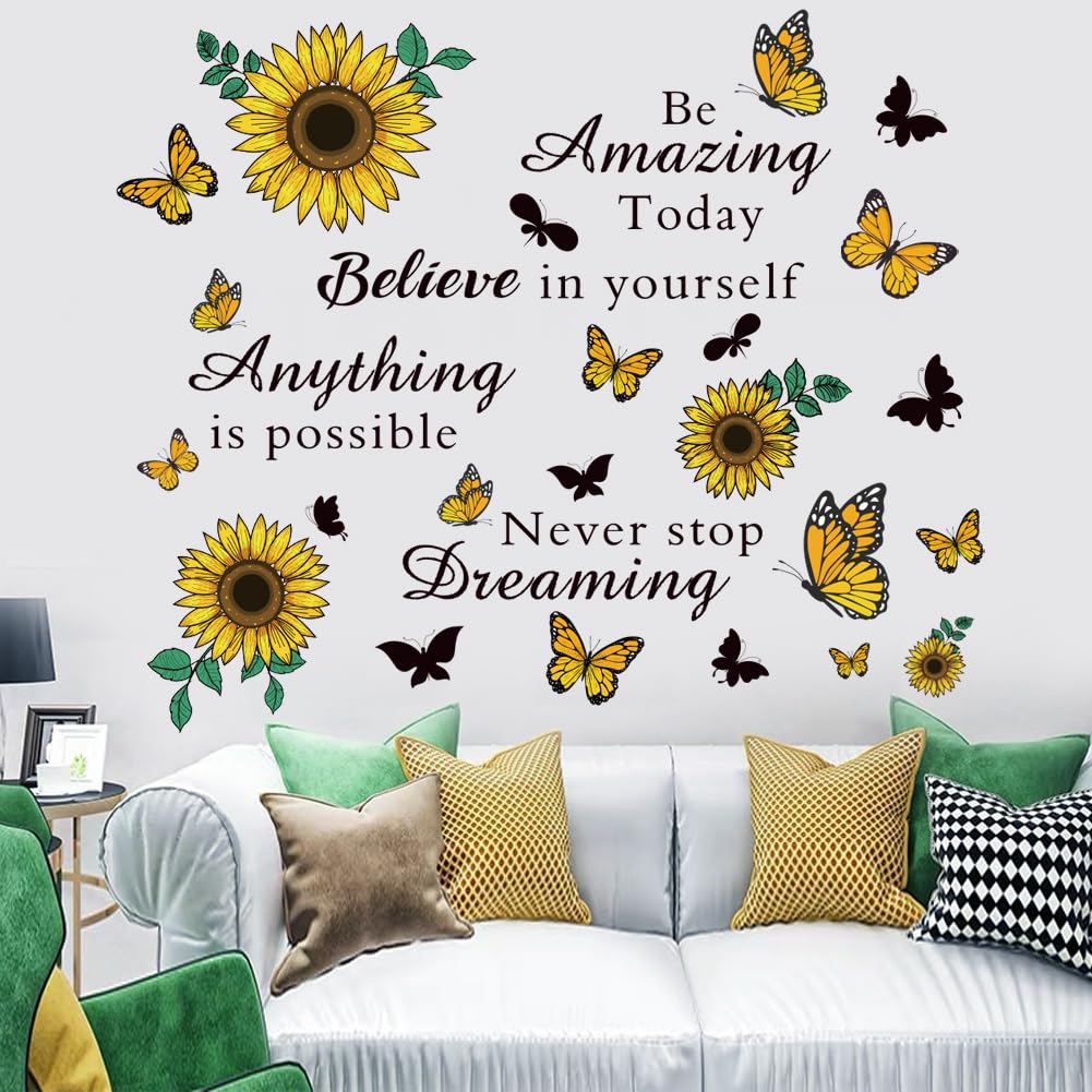 Inspirational Quote Sunflower Wall Stickers - Removable Positive Saying Peel and Stick for Classroom, Home, Bedroom, Office Wall Art Decor