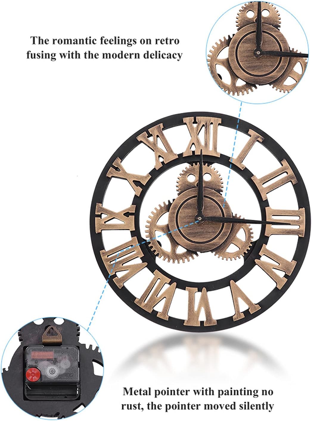 Wall Clock, 30cm 3D Rustic Wall Clock, Retro Industrial Hanging Clock Large Gear Wooden Vintage Decor for Living Room/Office/Bar(Gold 30cm)