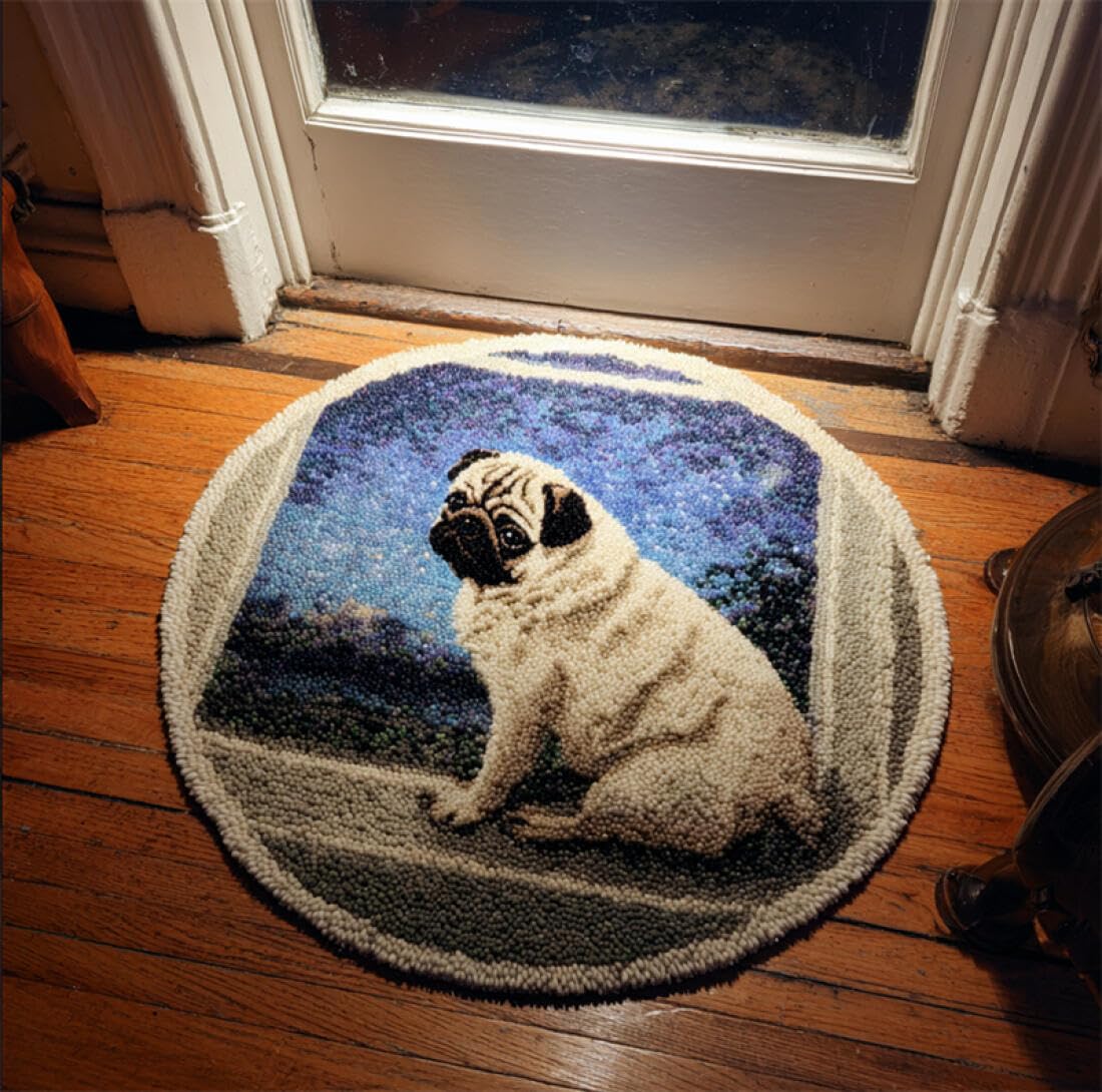 Rqwybcaxn DIY Rug Latch Hook Kits for Adults Animal Needlework Kit Dog on the windowsill 50x50cm Round Easy Pattern Floor Mat Living Room Handmade Art