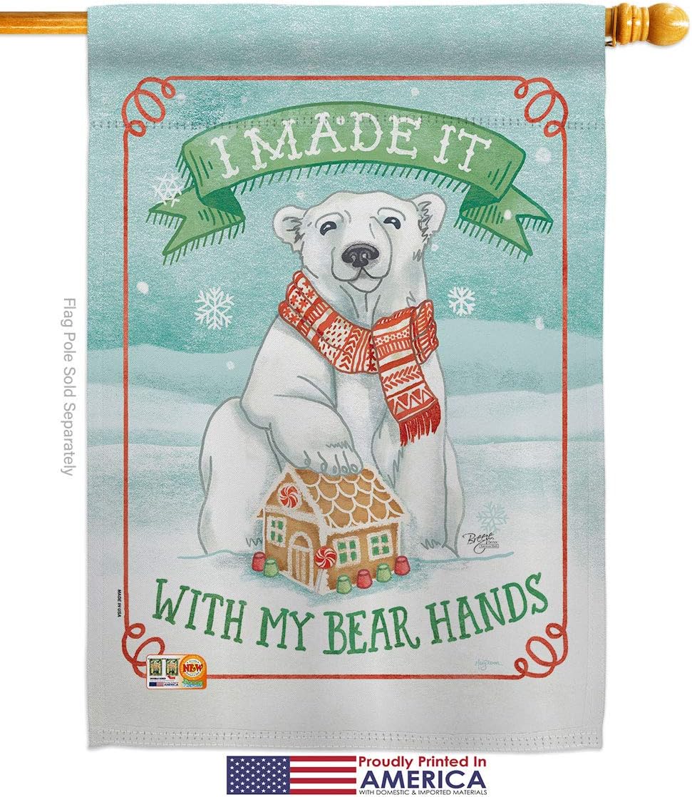 My Bear Hands House Flag Dowel Set Wintertime Winter Wonderland Snowflake Snowman Ice Skate Season Snow Small Decorative Gift Yard Banner Made In USA 28 X 40