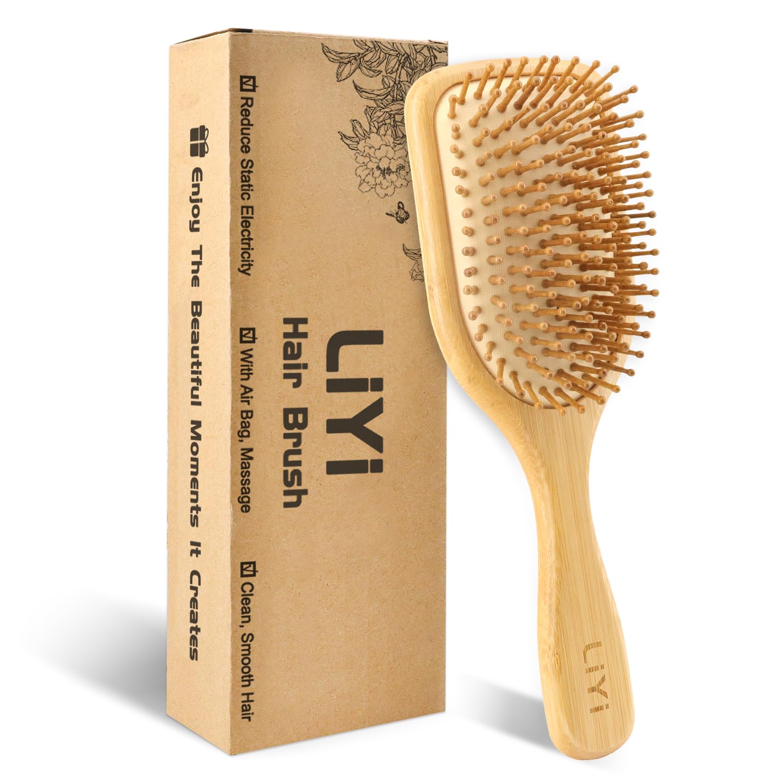 Photo 1 of LIYI Bamboo Hair Brush with Stainless Steel Bristles for Hair Growth - Massaging Scalp Detangling Hairbrush for Women, Men & Kids - Wooden Paddle Hairbrush for All Hair Types