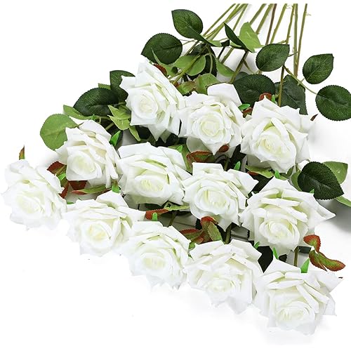 Floweroyal 12pcs Artificial Roses Velvet Flowers with Long Stem Fake Roses Bouquet DIY for Home Garden Wedding Decor (White) .