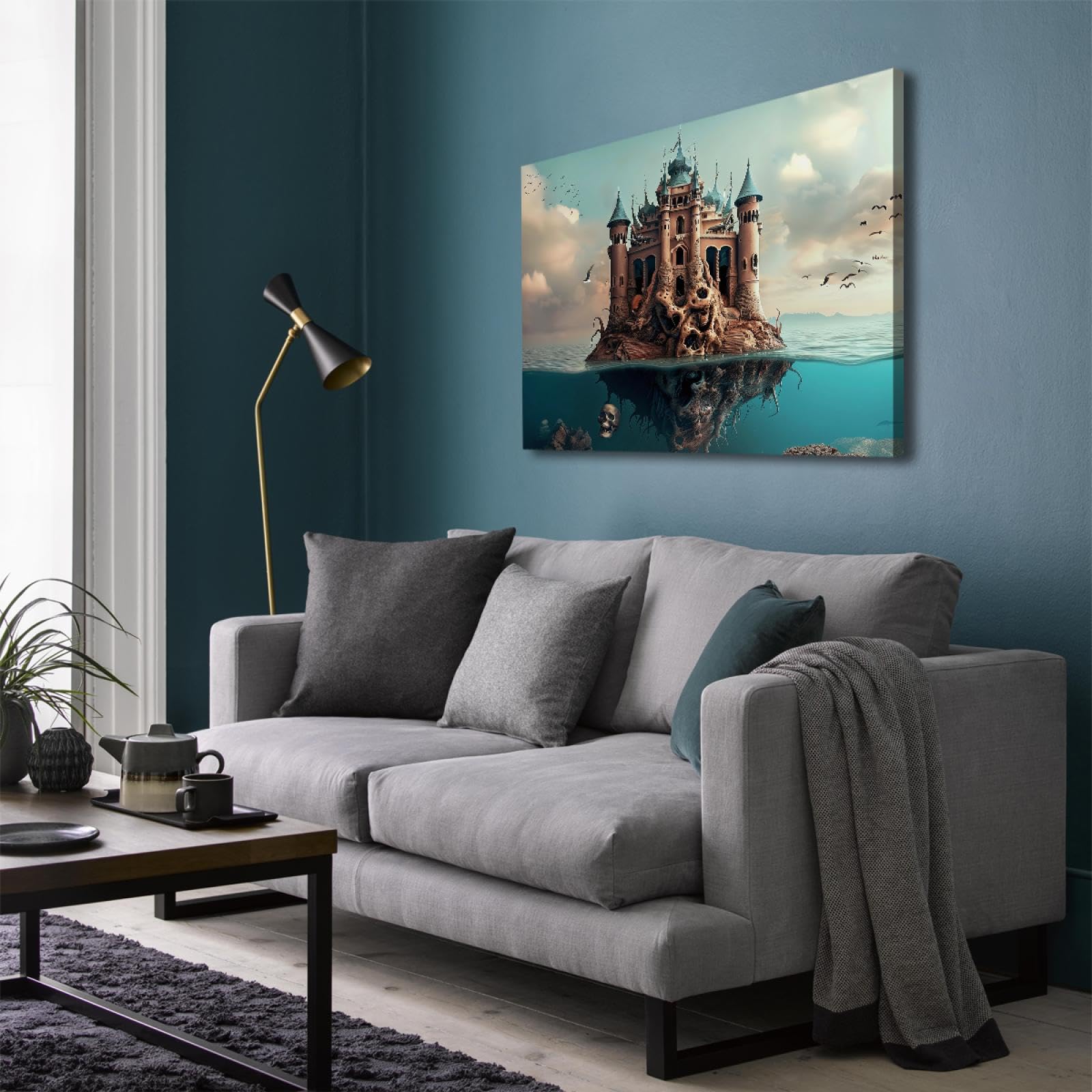 UIRINGART Palais gothique squelette toile art mural horreur crâne impression sur toile affiche surréalisme paysage photo oiseaux volants décor mural 75x100cm cadre intérieur