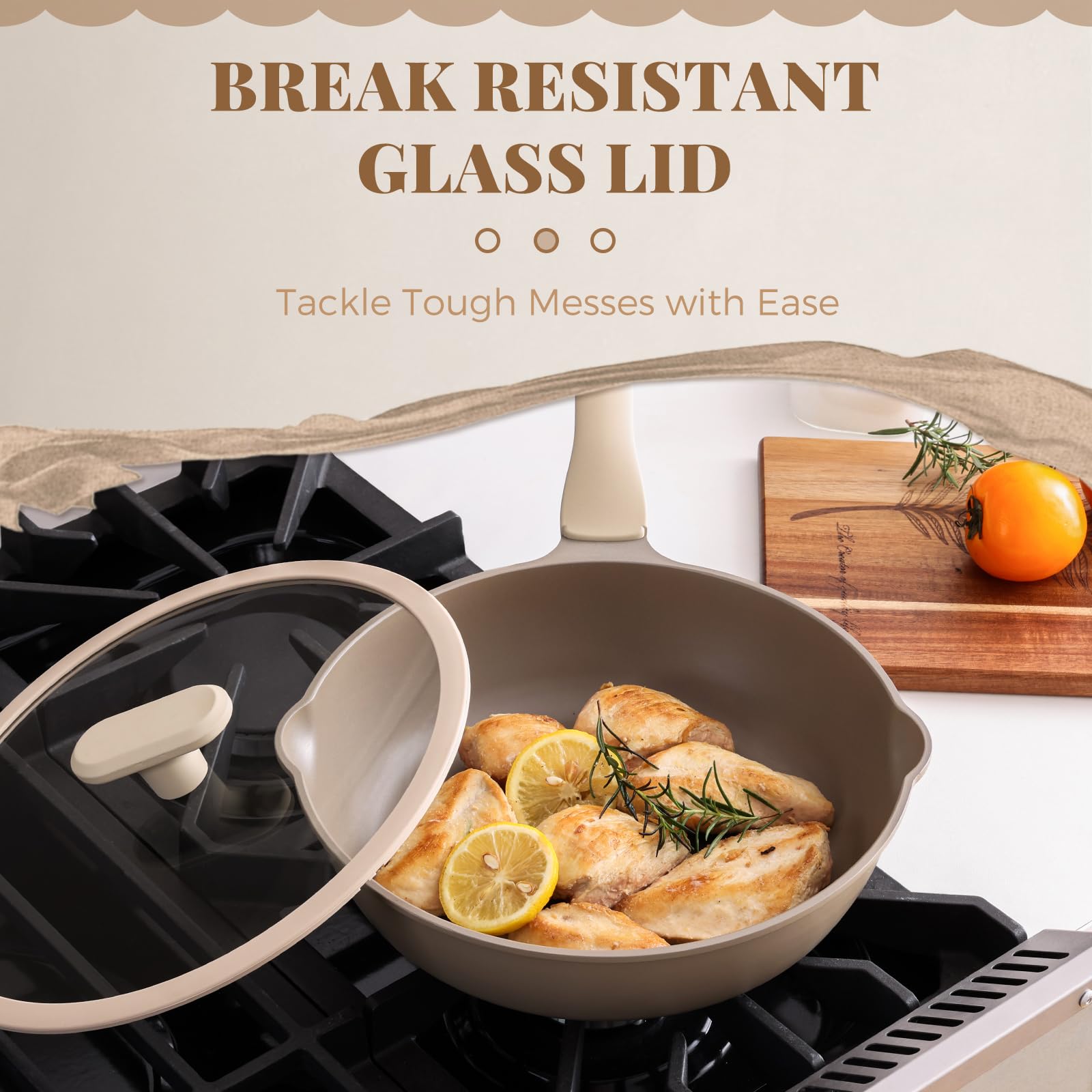 PRICUSIS Antihaftbeschichtete tiefe Bratpfanne mit Glasdeckel, 25,4 cm, 5 x langlebige Antihaft-Schmorpfanne, kratz- und schmutzabweisend, PFOA-frei, induktionsgeeignet, spülmaschinen- und ofenfest