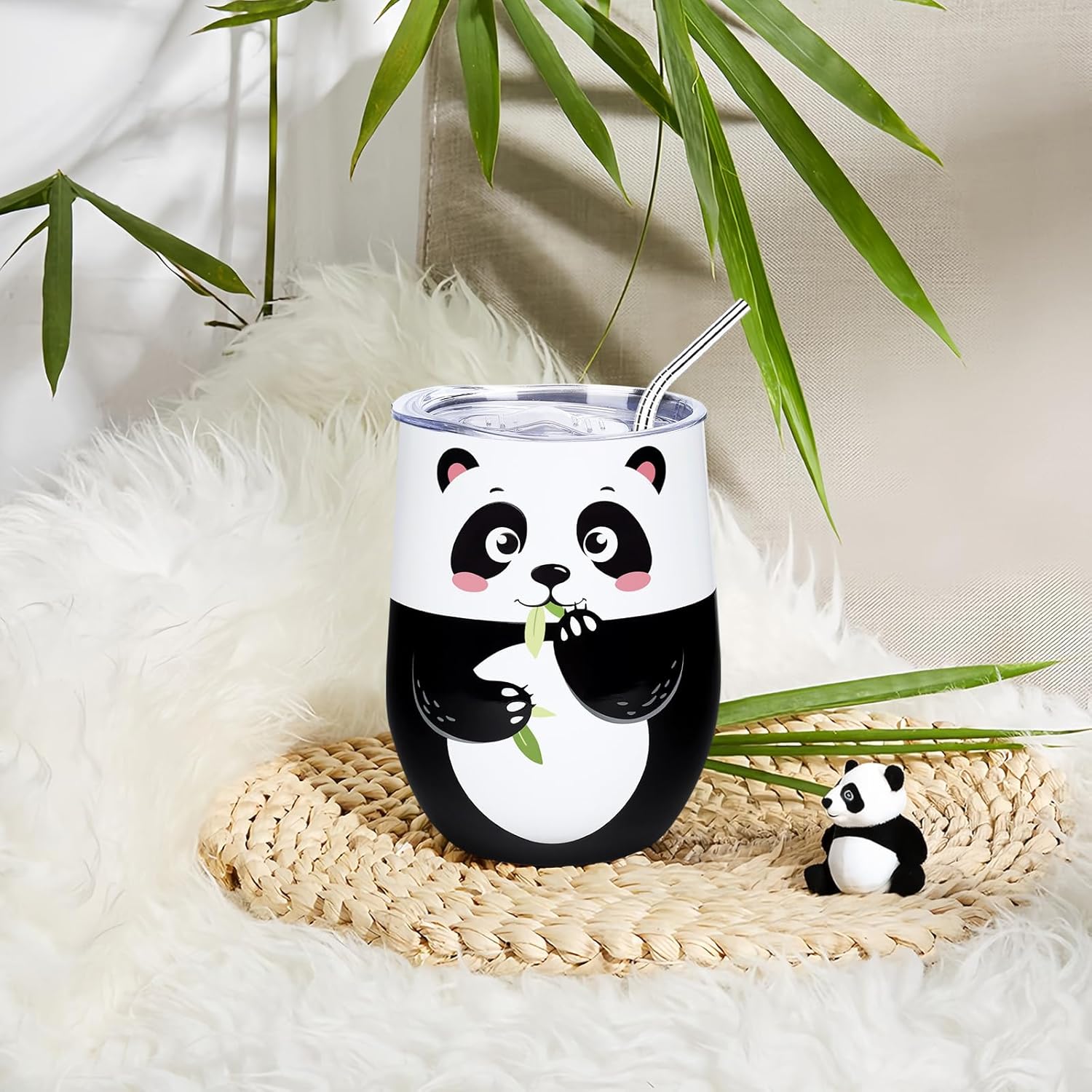 NymphFable 12oz Panda Insulated Tumbler With Lid and Straw Stainless Steel Wine Tumbler, Stemless Wine Glass Coffee Mug - Image 3