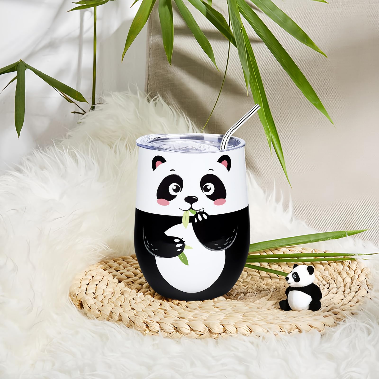 NymphFable 12oz Panda Insulated Tumbler with Lid and Straw Stainless Steel Wine Tumbler, Stemless Wine Glass Coffee Mug - Image 3