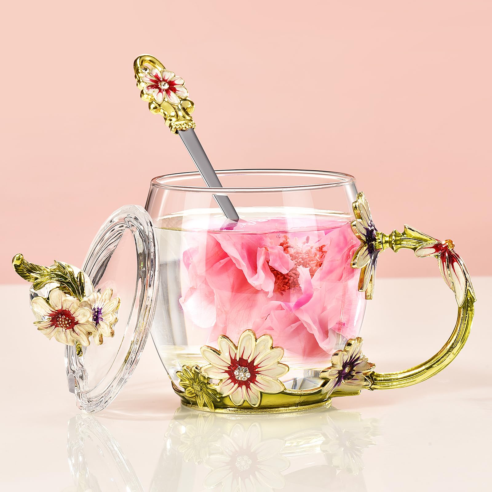 Regalo Donna Compleanno Natale Tazza Da Tè Vetro Con Fiori 3D - Regalo Elegante Per Donna, Mamma, Compleanno E San Valentino Tazza Vetro 3D Fiori