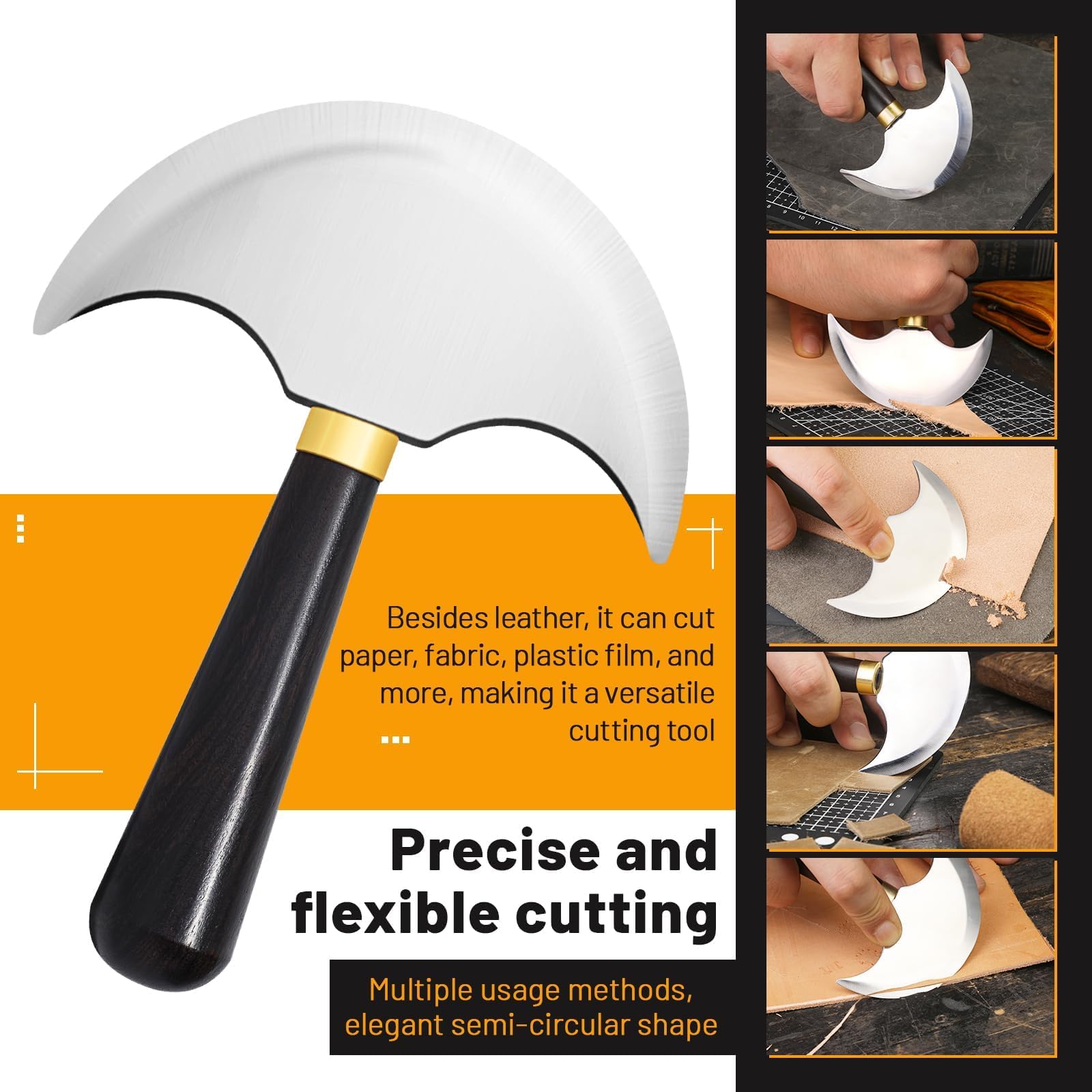 Cuchillo de cuero con mango de madera, cuchillo redondo de cuero, cuchillo de corte de cuero afilado, cuchillo de trabajo de cuero para corte de cuero, skiving, manualidades y proyectos