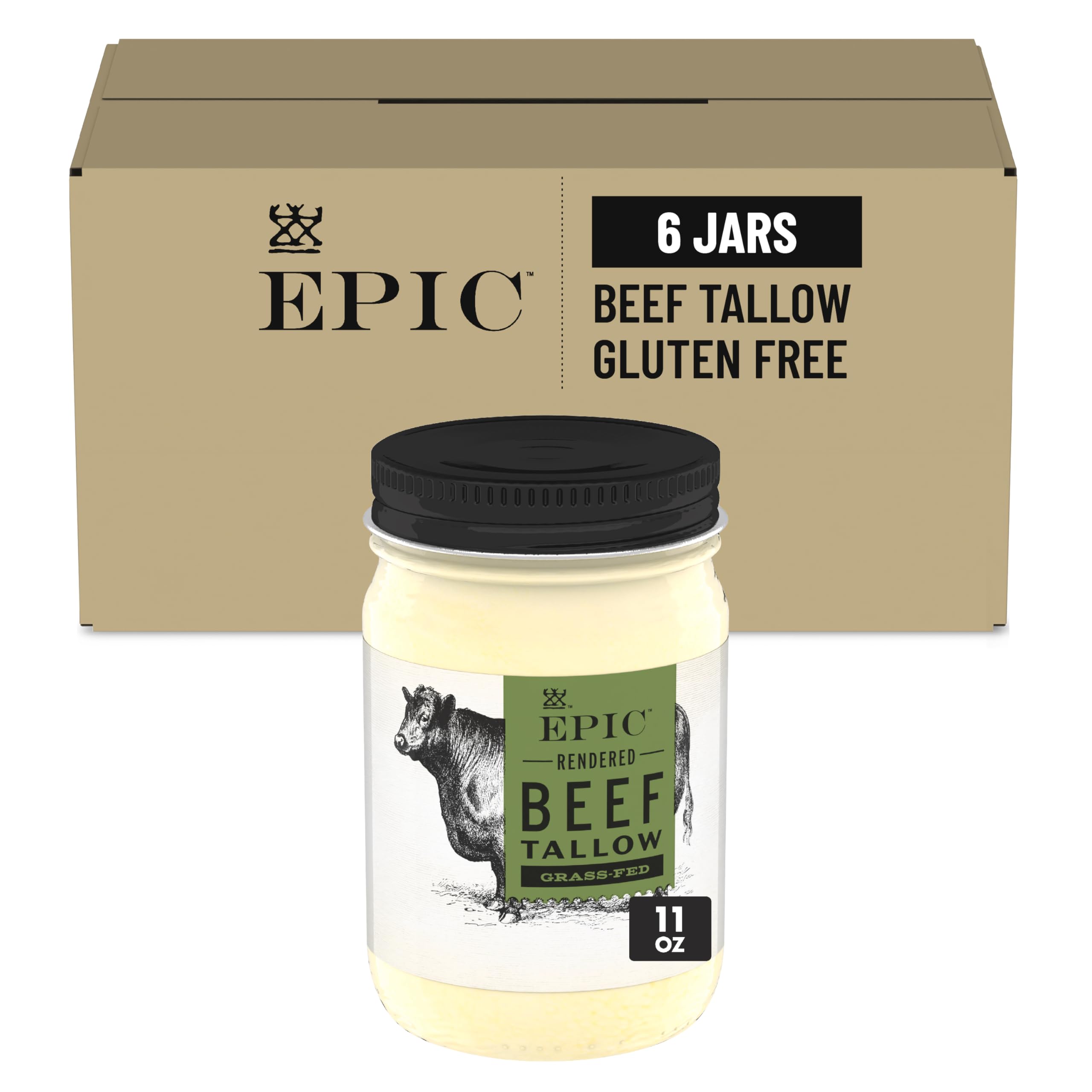 EPIC Beef Tallow, Grass-Fed, Keto Friendly, Whole30, 11oz Jar (Pack of 6)