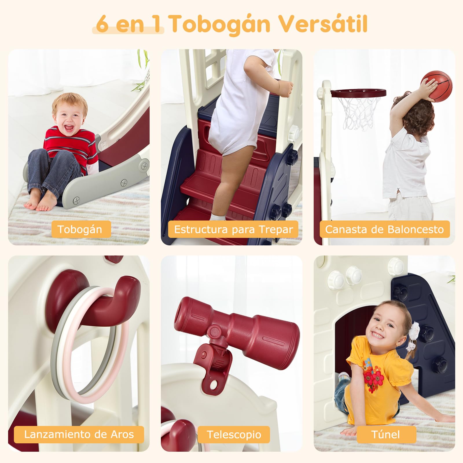 RELAX4LIFE 6 en 1 Tobogán Infantil con Escalador, Canasta de Baloncesto, Lanzamiento del Anillo, Túnel y Telescópico Decorativo, Toboganes Infantiles Exterior de HDPE para Niños 3-8 Años (Azul)