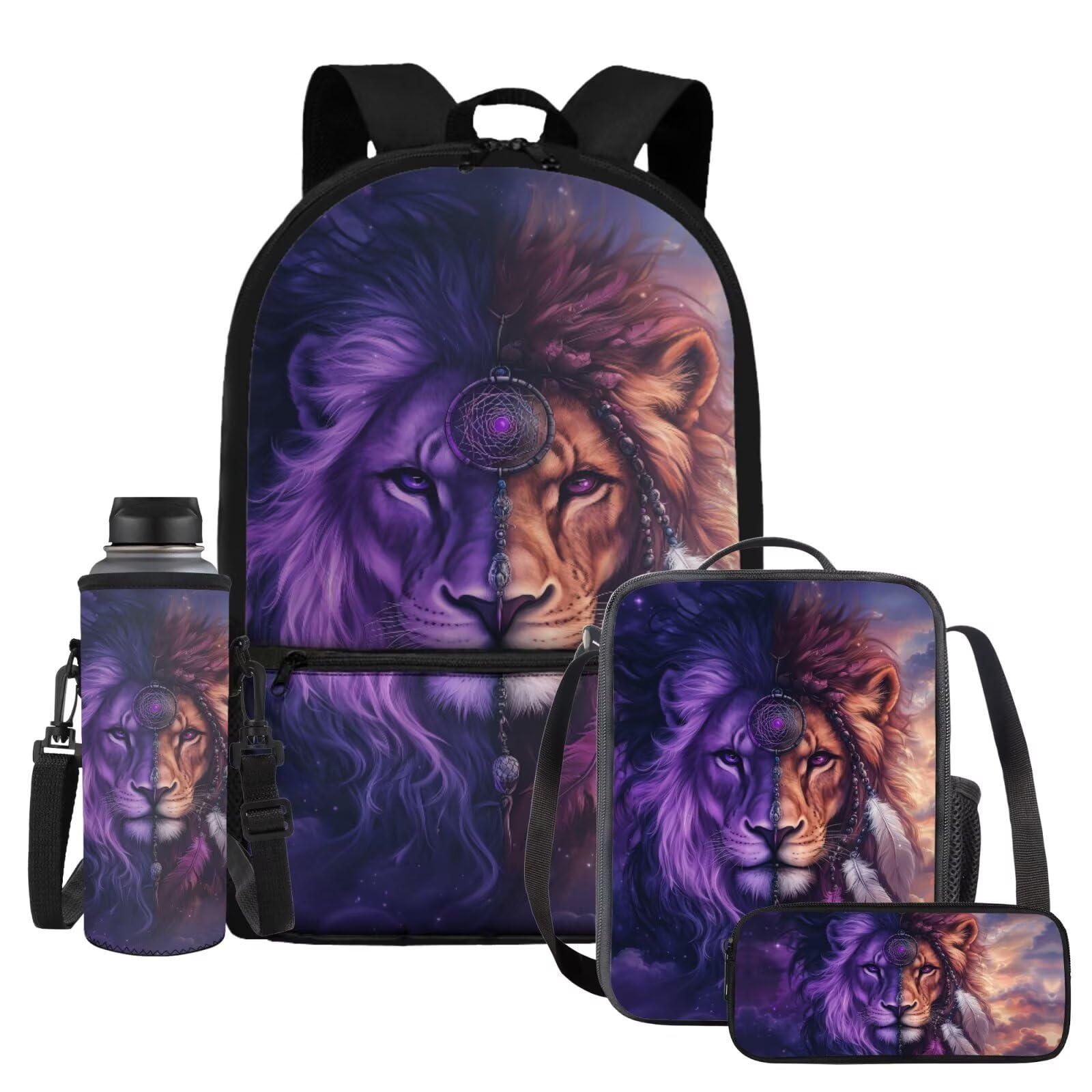 Uourmeti Galaxy Lion Backpack Sets for Boys Girls 6-8 Bookbag with Lunch Box Big Kids School Bag Set 4pcs Pen Case Water Bottle Hodler Back To School