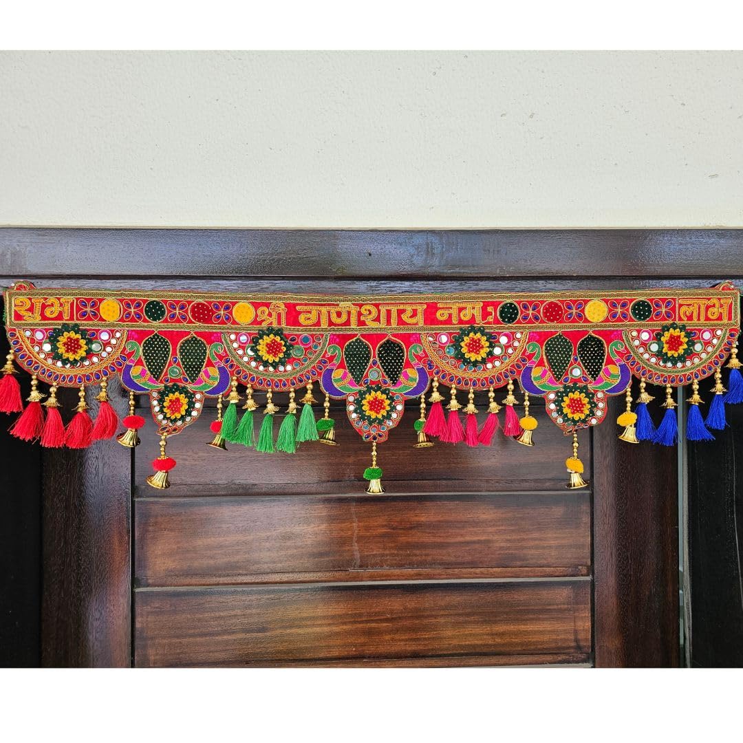 Kairvi Vintage Traditional Ganesh Toran,Multi Zula Pearl Plastic Beads, Mirror Work Hanging Toran, Embroided Bandarwal for Door, Home Decoration, Ganesha Toran, Diwali Decoration (Om Ganeshay Namah)