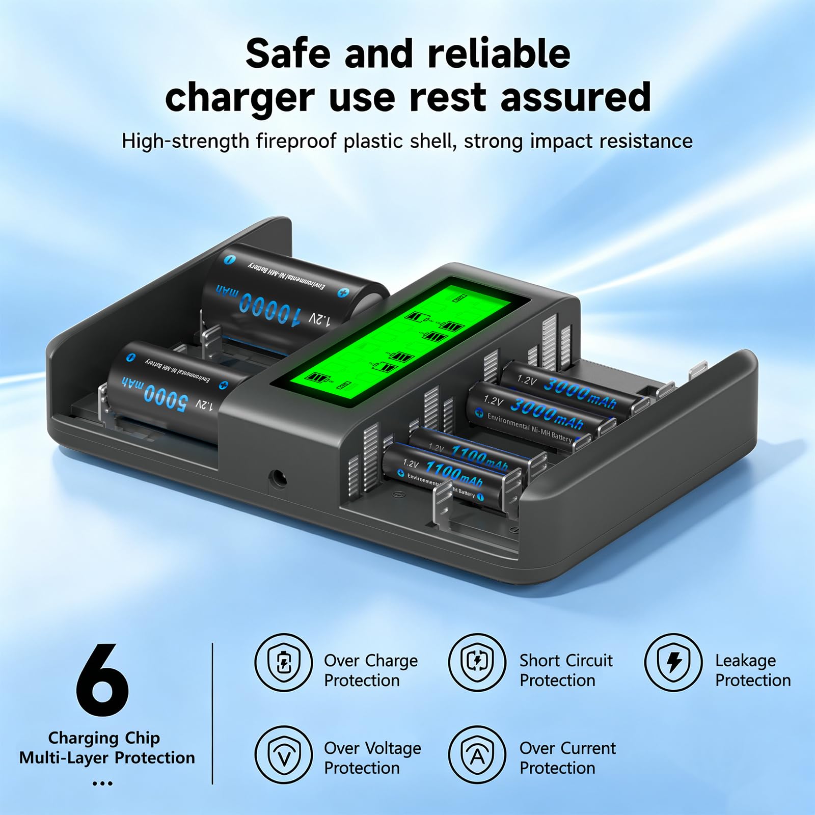Palo Cargador de batería Inteligente de 12 bahías, AA,AAA,Ni-MH,Ni-CD Cargador de baterías Recargables con Pantalla LCD Inteligente y Descarga y protección IC integrada