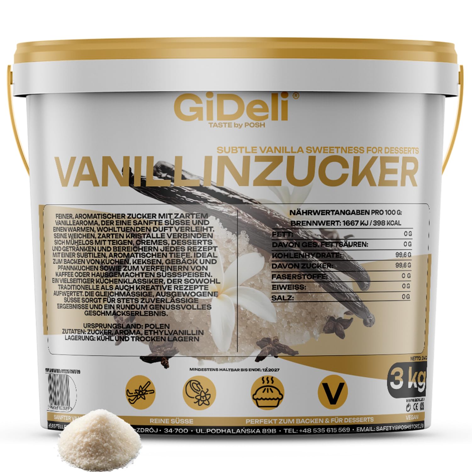 GiDeli Vanillezucker 3kg im Eimer - Intensives Vanille Aroma - zum Aromatisieren von Schlagsahne, Gebäck, Obstsalat und Cremes - Backaroma Großpackung
