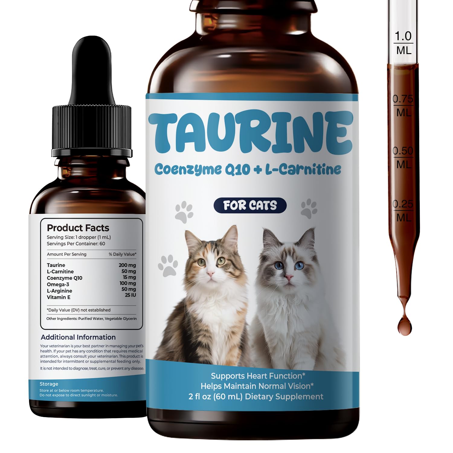 Taurine Supplement for Cats Liquid Drops, Cat Taurine with Coenzyme Q10 & L-Carnitine, Supports Heart Function, Vision, Energy & Daily Vitality, 2 fl oz