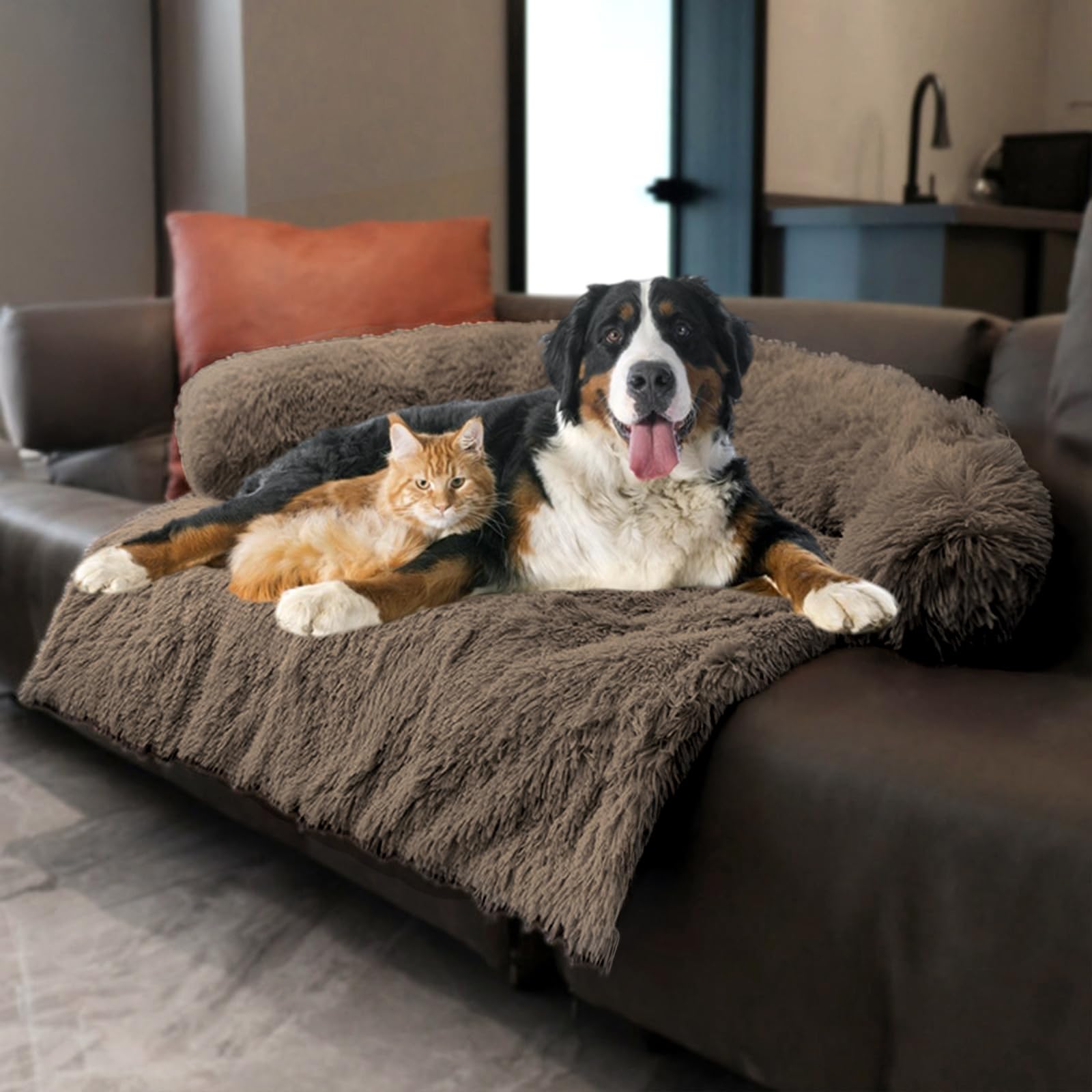Calming Dogs/Cats Bed Mats, Dog Pad Washable Removable Couch Cover, Plush Long Fur Mat for Pets, Waterproof, Perfect for Small, Medium and Large Dogs and Cats (Desert Brown, 59"x39"x 6.0")