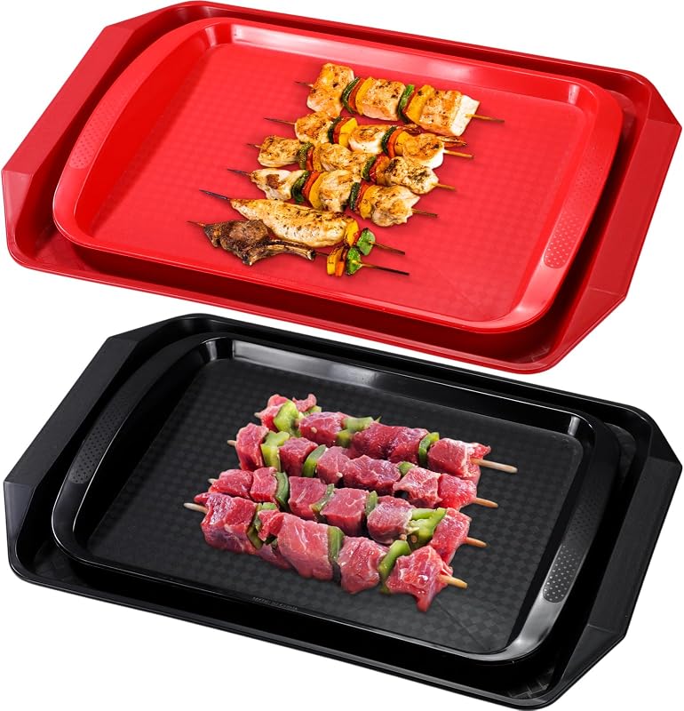 DoubleFill Set of 4 Grilling Prep and Serve Trays, 17x12 Inch 14x10 Inch Large BBQ Platter for Raw and Cooked Food Plastic Grill Tray, Black and Red Stackable Defrosting Grill Prep and Carry System