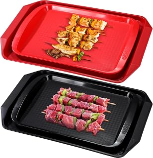 DoubleFill Set of 4 Grilling Prep and Serve Trays, 17x12 Inch 14x10 Inch Large BBQ Platter for Raw and Cooked Food Plastic Grill Tray, Black and Red Stackable Defrosting Grill Prep and Carry System