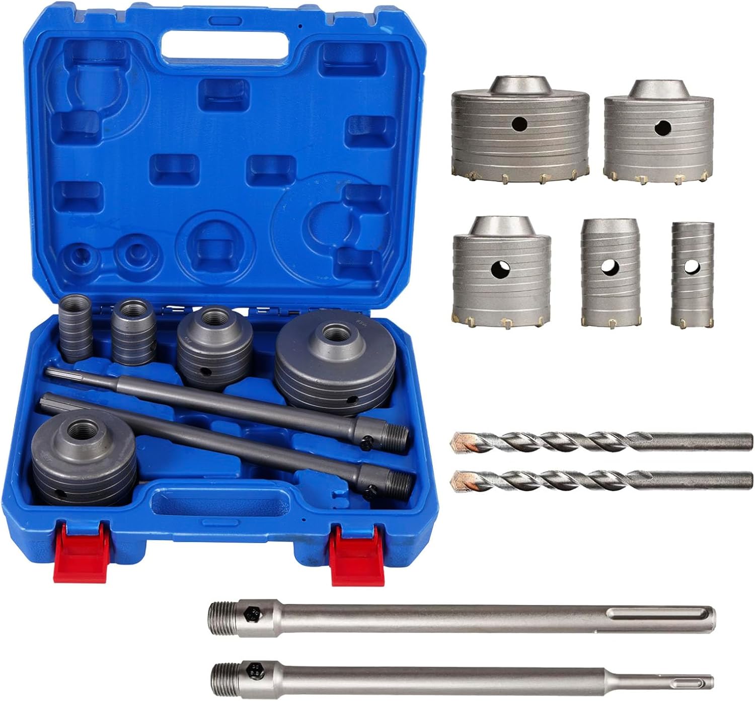 BHTOP 9 Pcs Masonry Concrete Hole Saw Kit, (30 40 65 80 100 mm) Saws, 300 mm Tungsten Carbide SDS Plus & SDS Max Bit Shank, Hole Saw Set for Concrete Brick Stone Cement Tile Wall