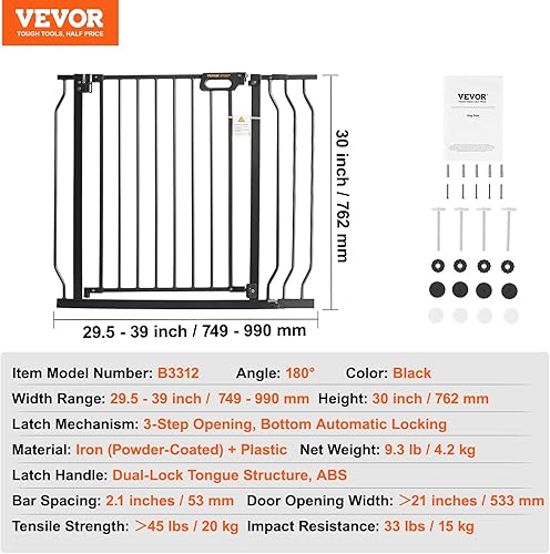 Miniatura 7 de VEVOR Puerta para bebé, 29.5-39 pulgadas extra ancha, 30 pulgadas de alto, puerta para perros para escaleras y casa, puerta de seguridad para