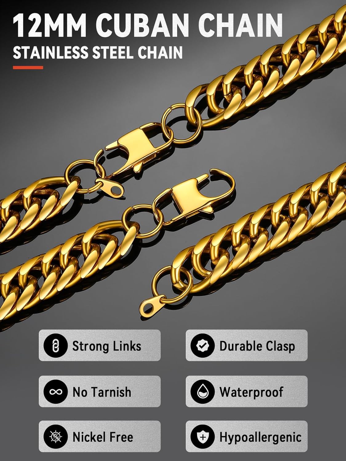 FaithHeart Miami Cuban Link Chain for Men, Silver/Black/14K Gold Plated Stainless Steel Cuban Link Chain Necklaces, 3.5/6/9/12mm Mens Necklace Hip Hop Jewelry 18"-30" Length - Image 3