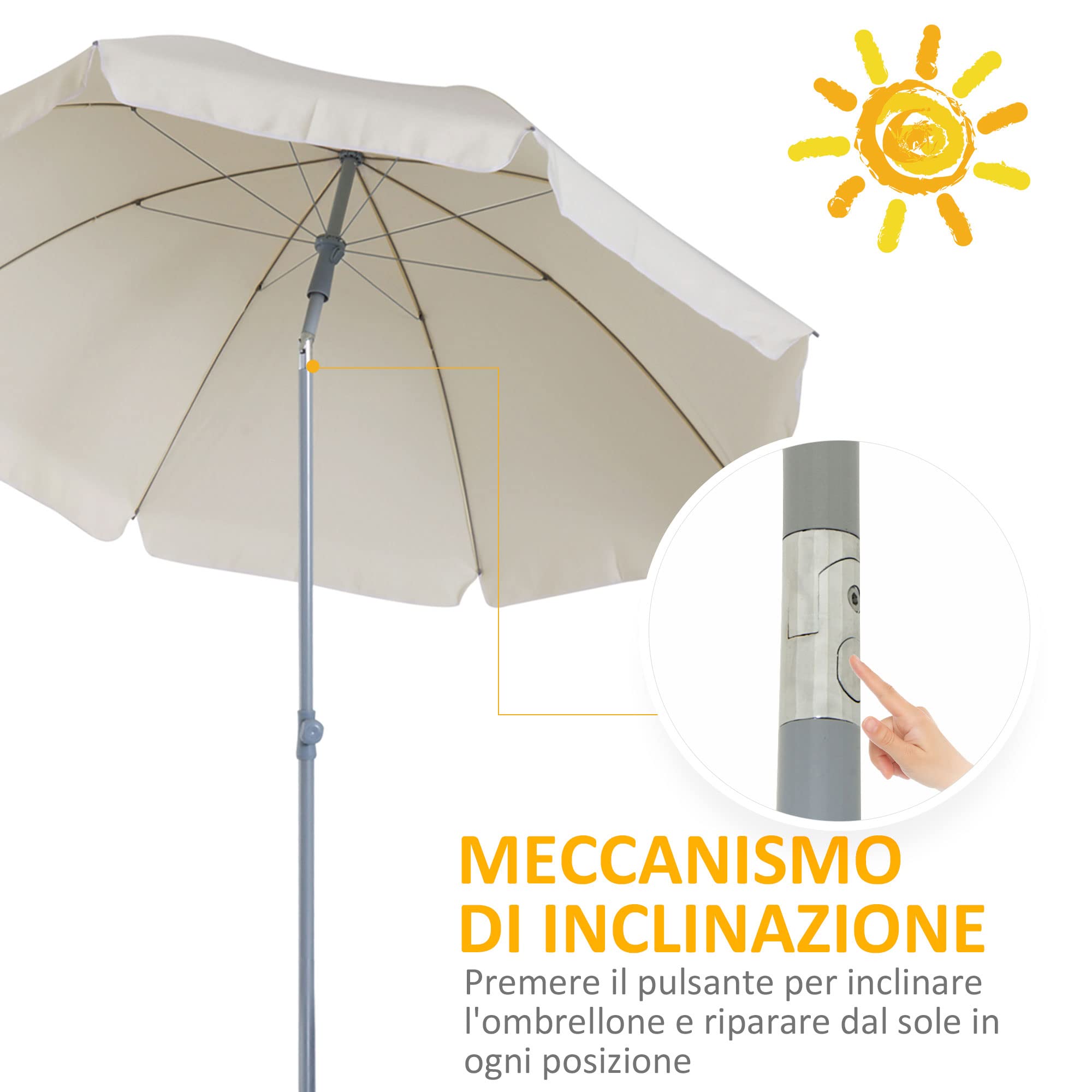 Outsunny Ombrellone da Spiaggia Ø2x2.3 m con Tettuccio Inclinabile, Ombrellone da Mare con 8 Stecche in Metallo e Poliestere, Bianco Crema