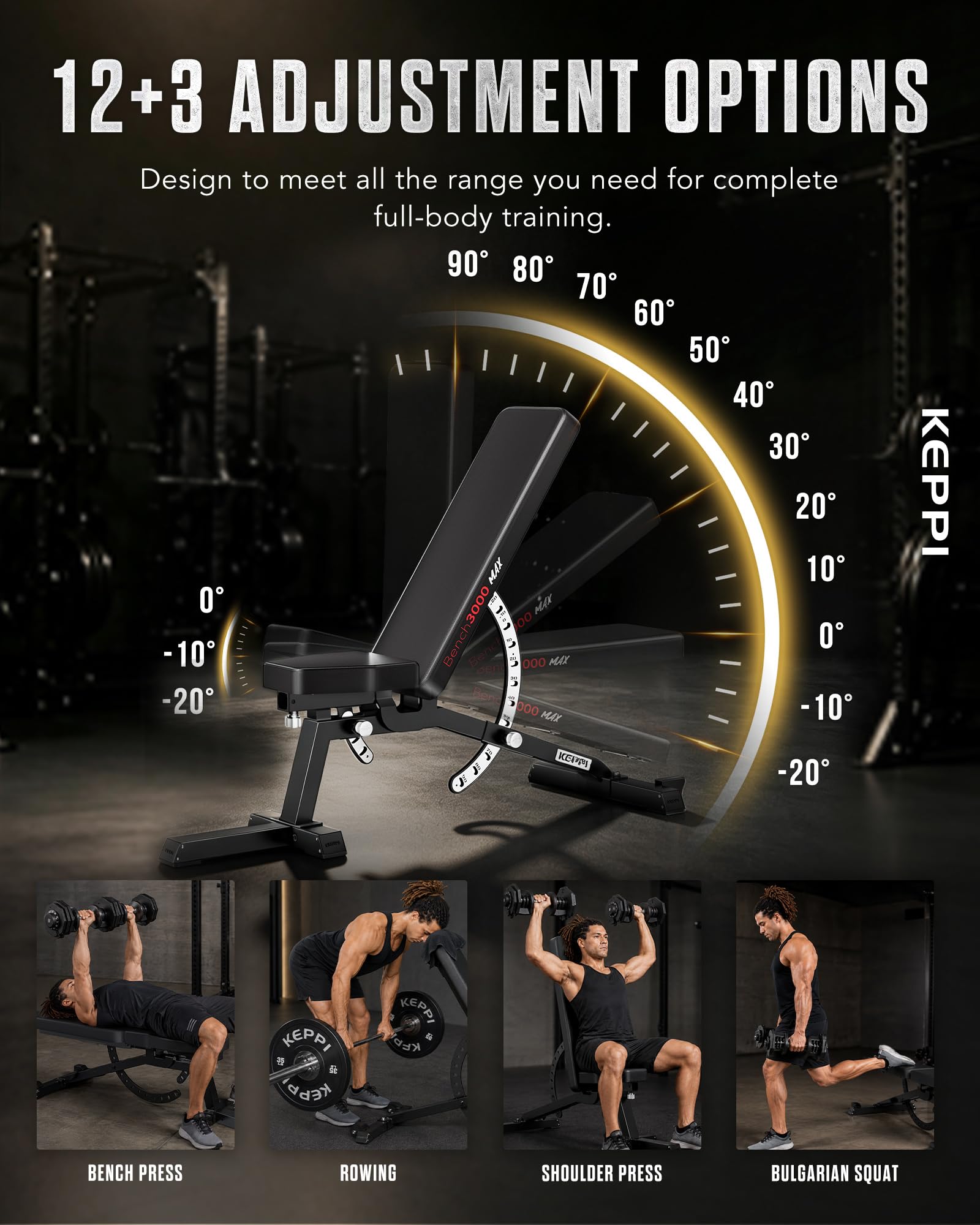 Functional Weight Bench - Bench3000 V2 for Leg Extension/Curl | 93lb Frame Weight with 8 & 16 Gauge Material, Commercial Grade Attachment with Ergonomic Design, 12+3 Multi-Angle