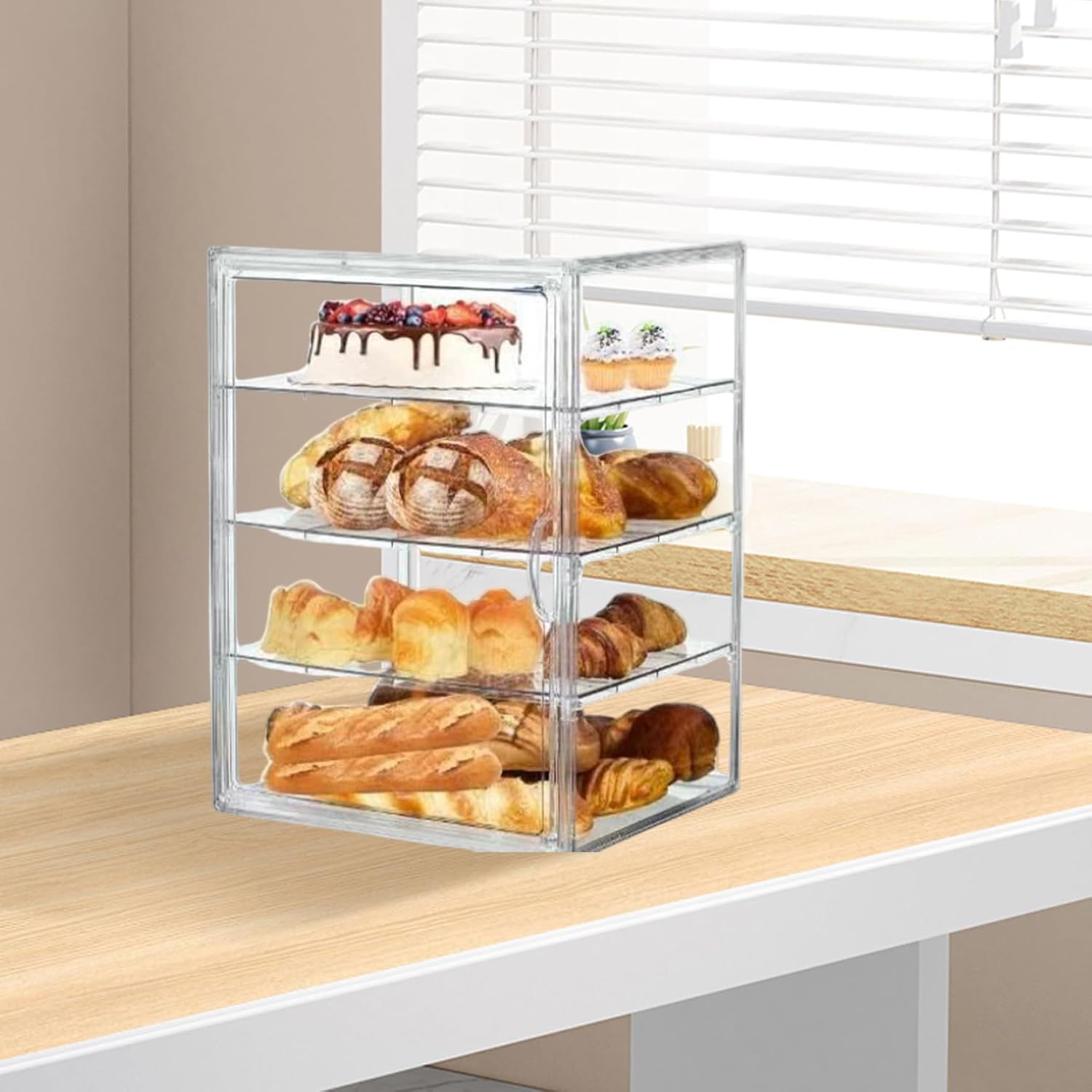 Pastry Display Case, 4 Layers Clear Bread Box, Bread Box for Kitchen Countertop, Cookie Stand with Removable Dividers for Kitchen Bakeries, 16x12x10in