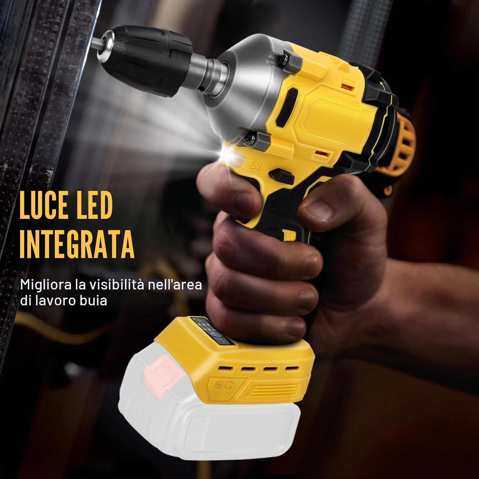 Avvitatore a Impulsi Senza Fili, 600Nm 1/2 Pollice Brushless Compatibile con Dewalt 18V 20V, Chiave Elettrica con 3 Velocità Regolabili e 12 Accessori per Auto, Mobili, Cambio Pneumatici - NO Batteria