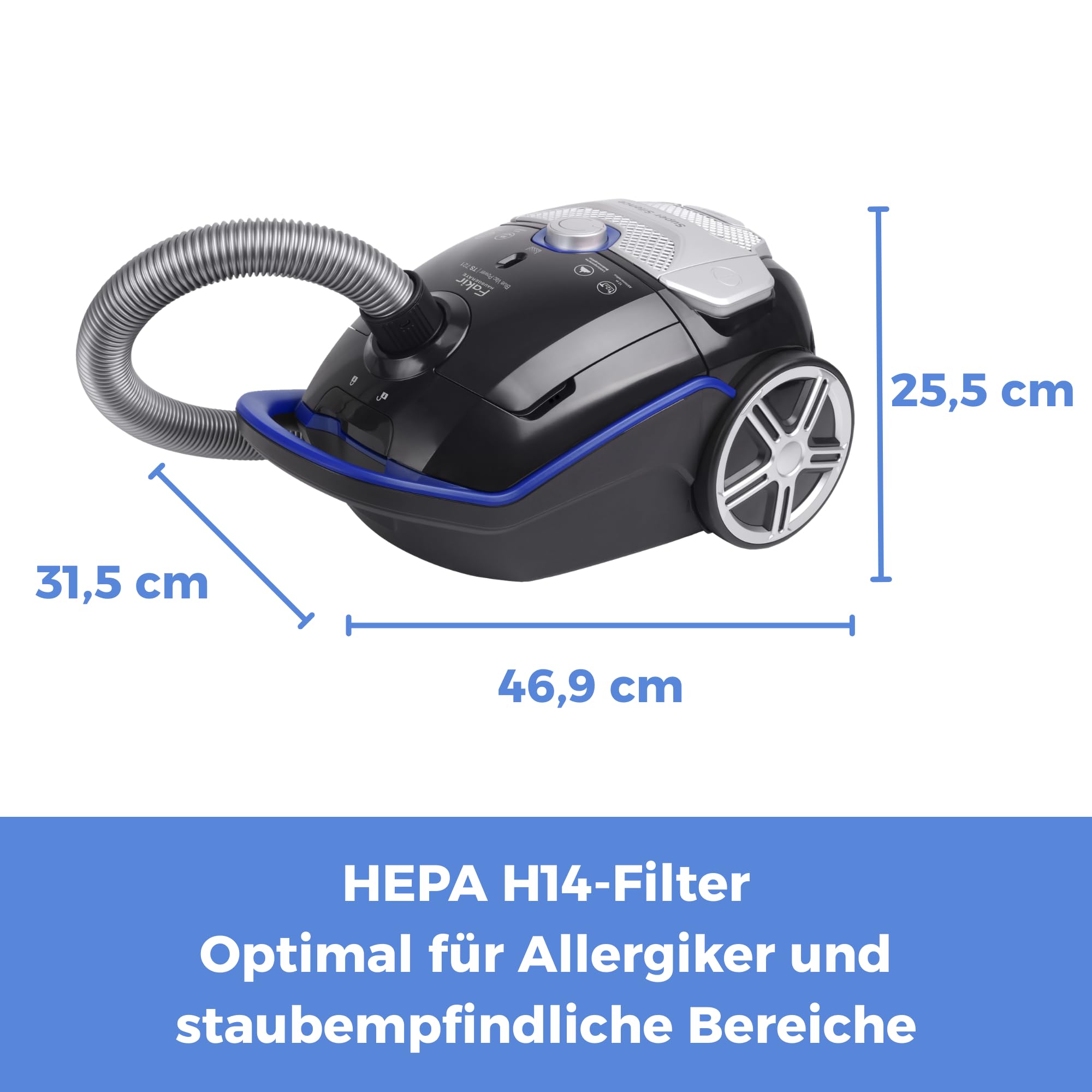 Fakir Blue Vac Power TS 721 Staubsauger mit Beutel 800W, Bodenstaubsauger mit Kabel, HEPA H14 Filter, sehr leisem Hocheffizienzmotor 69dB(A), großem 3l Staubbeutel & 12m Aktionsradius, Schwarz/Blau
